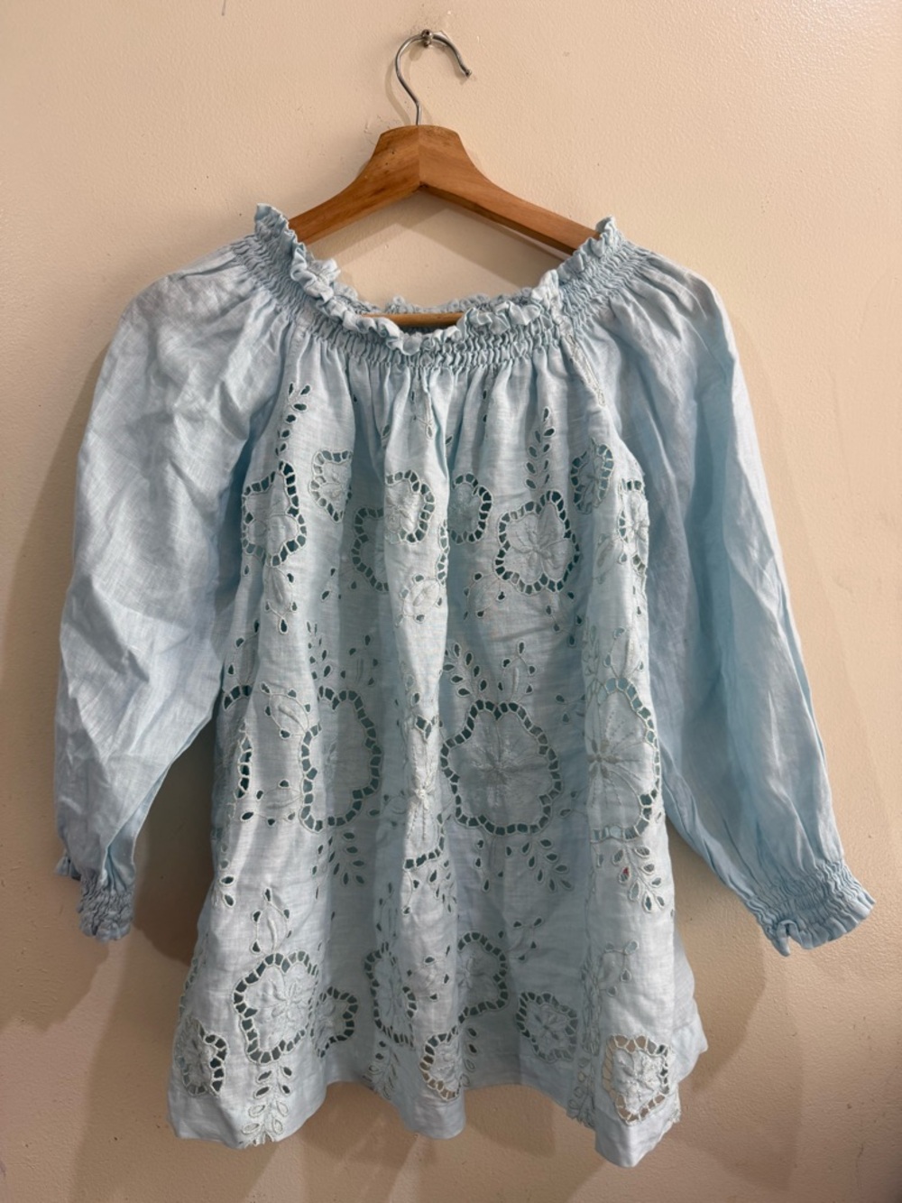 HARIS COTTON Light Blue Eyelet Embroidered Smocked-Neck Blouse